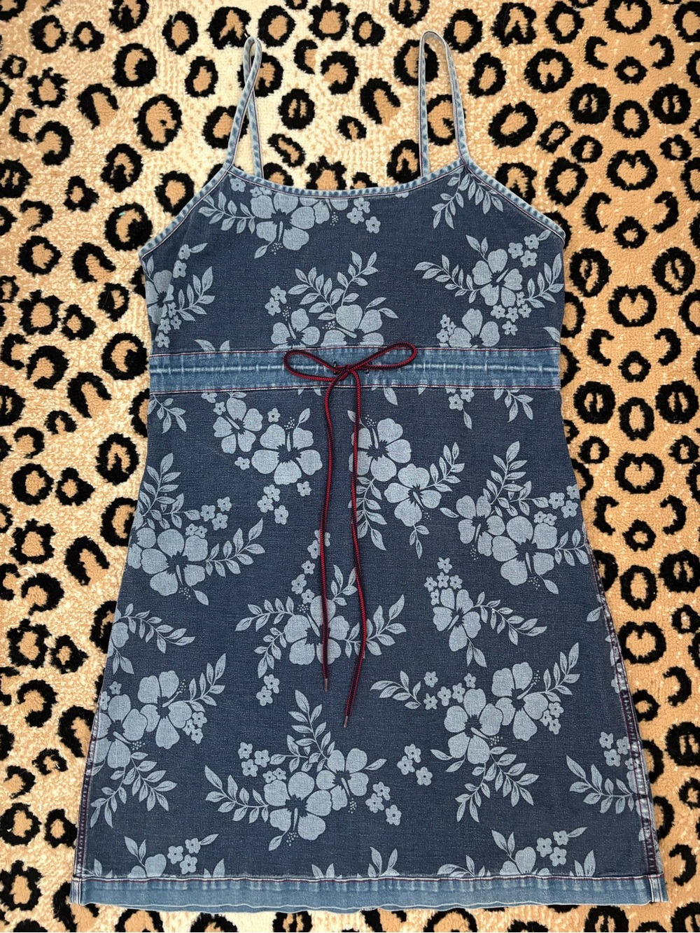 Vintage 90s Denim Tropical Floral Hibiscus Print Reversible Mini Dress